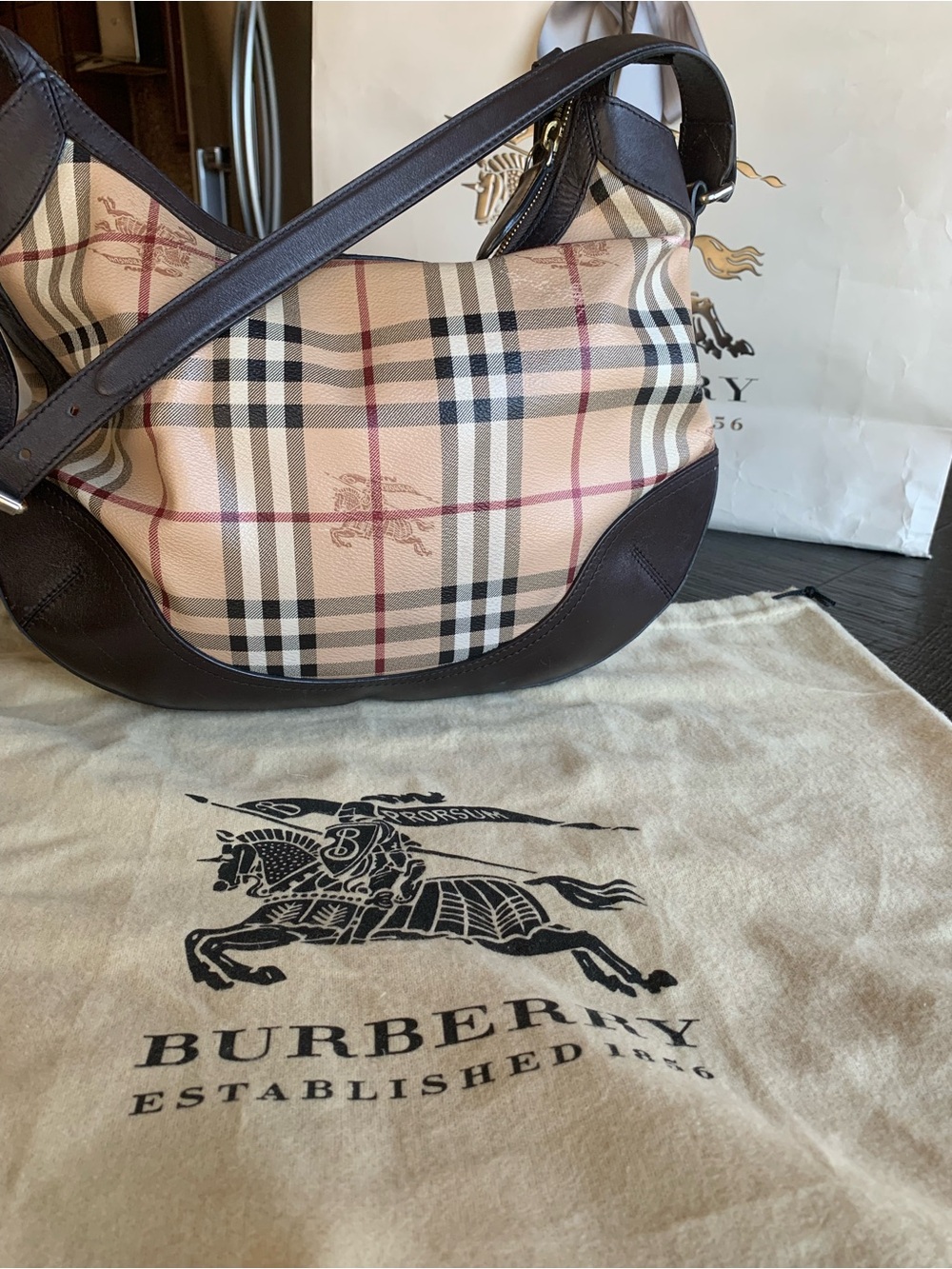Burberry Beige Check Shoulder Bag with Dark Brown Leather Trim and Wallet